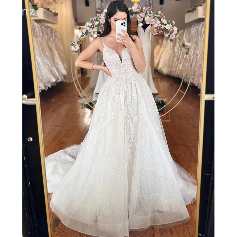 Qanz Sparkle Tulle Beach Wedding Dresses V-neck Spaghetti Straps Corset Back Vestidos En Oferta Liquidación Tail Wedding Gowns