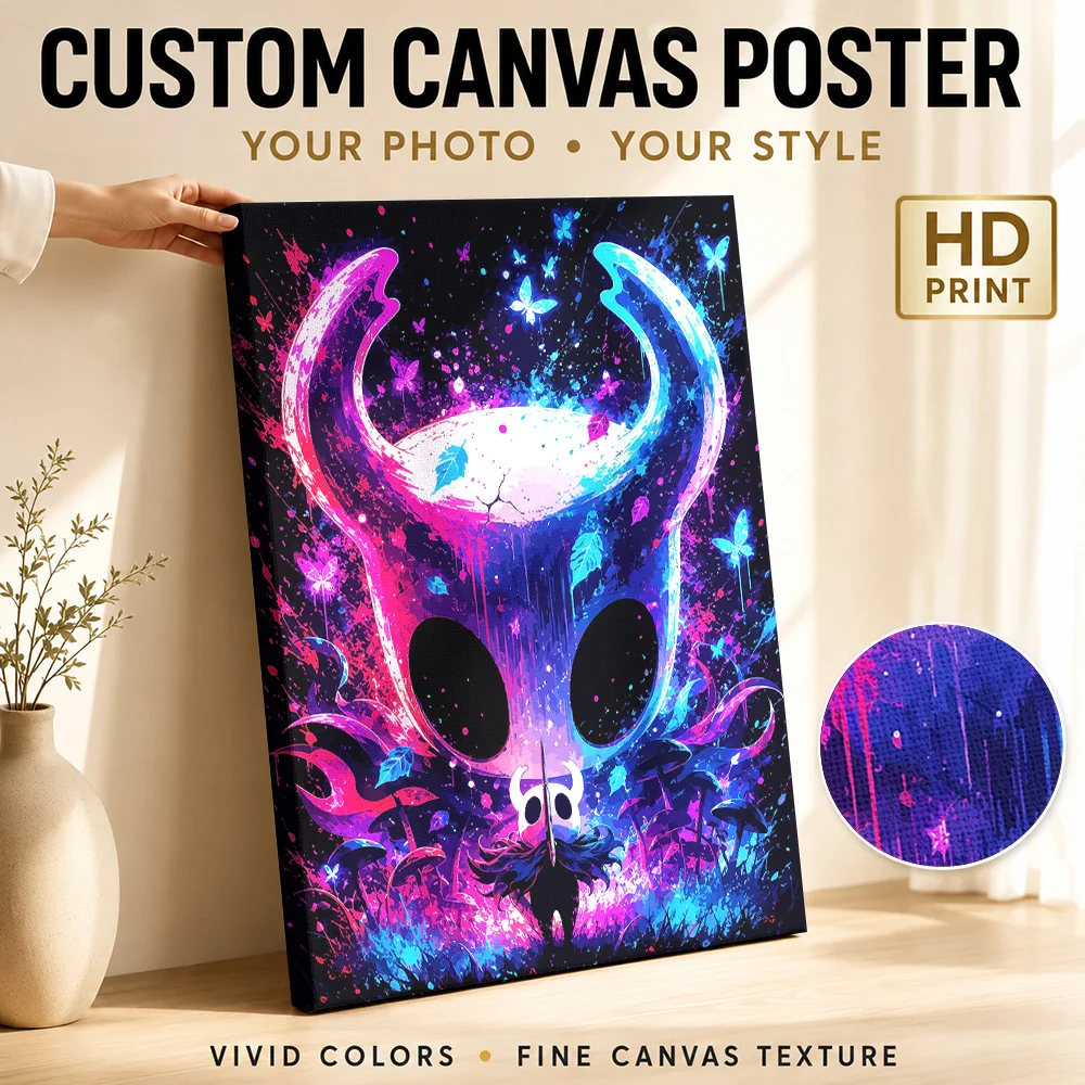Hollow Knight In Neon Forest Canvas Poster Personalized Photo Illustrated Wall Art For Gaming Desk Area, Video Game Fan Gift