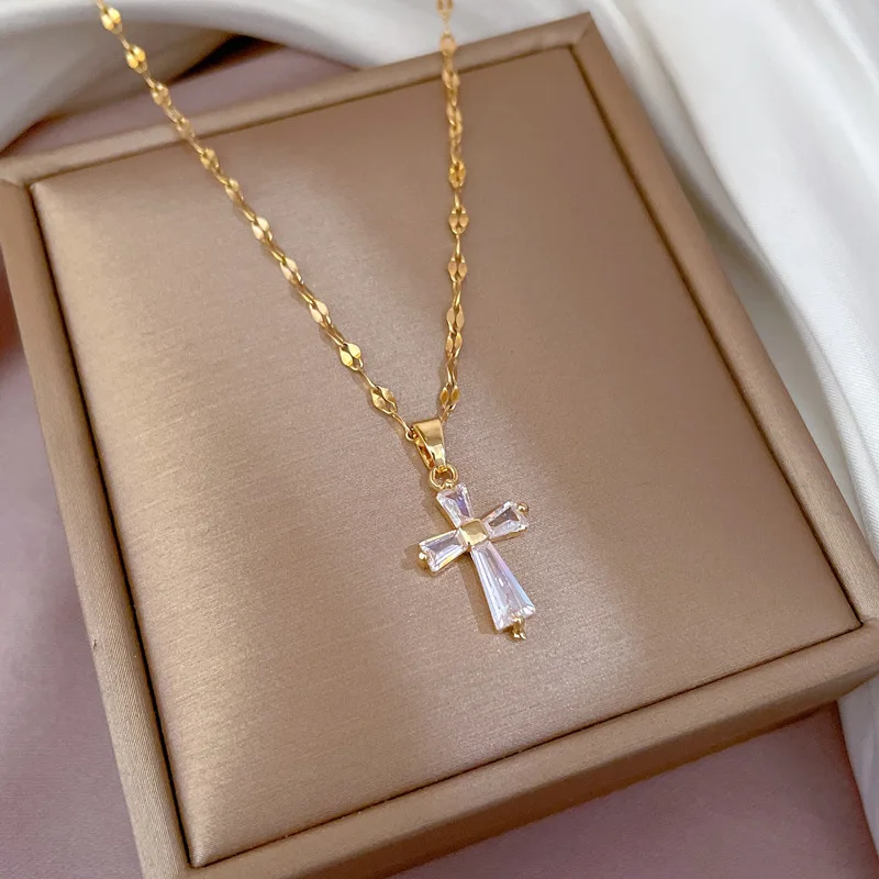 Gold Color Minimalist Simple Cubic Zirconia Cross Pendant Neckalce for Women, CZ Crucifix Neclace, 316L Stainless Steel Not Fade