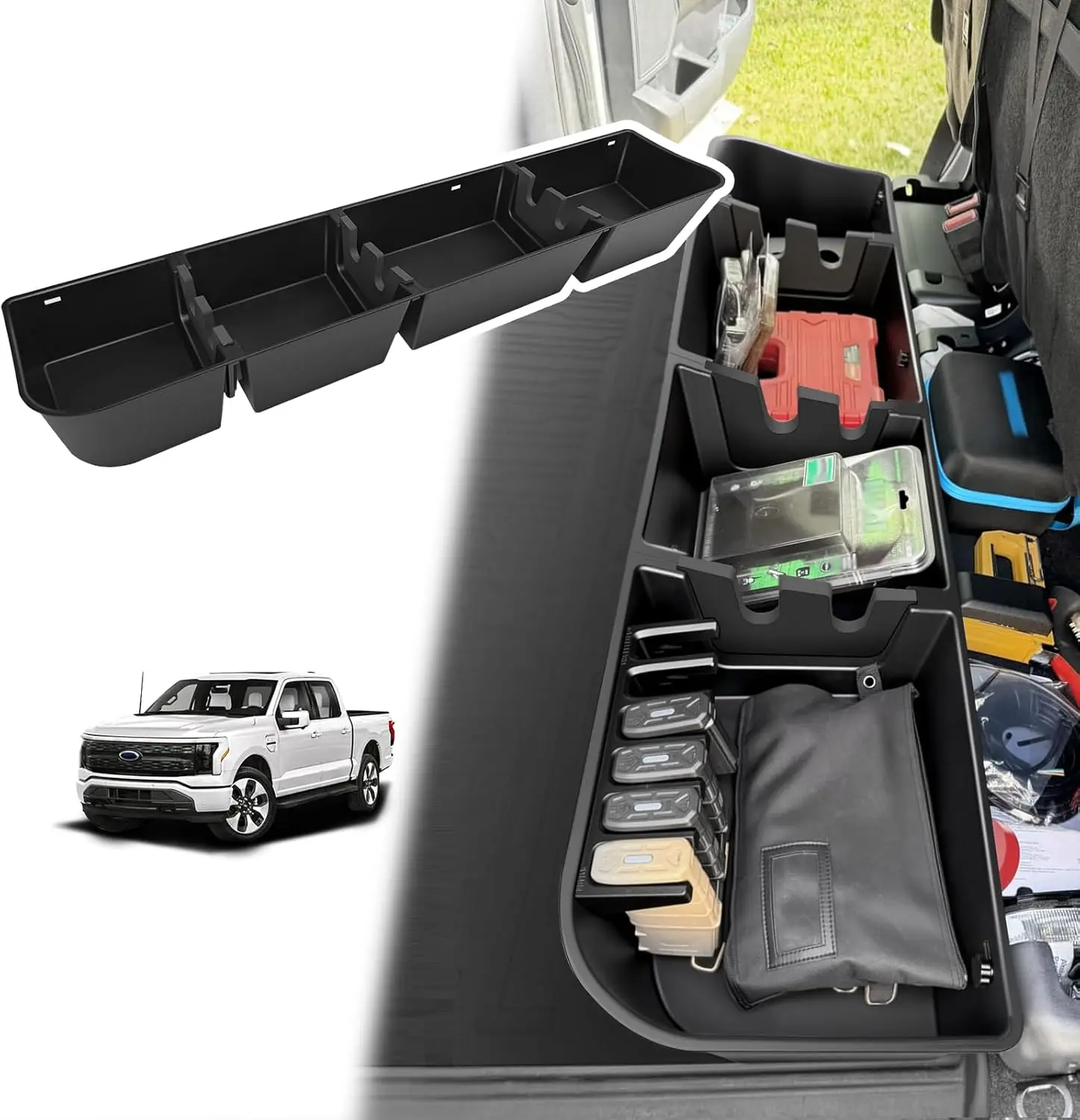 

Under Seat Storage Box for Ford F150 2015-2026 SuperCrew & F250-F450 2017-2026 SuperDuty, Detachable Truck Tool Organizer