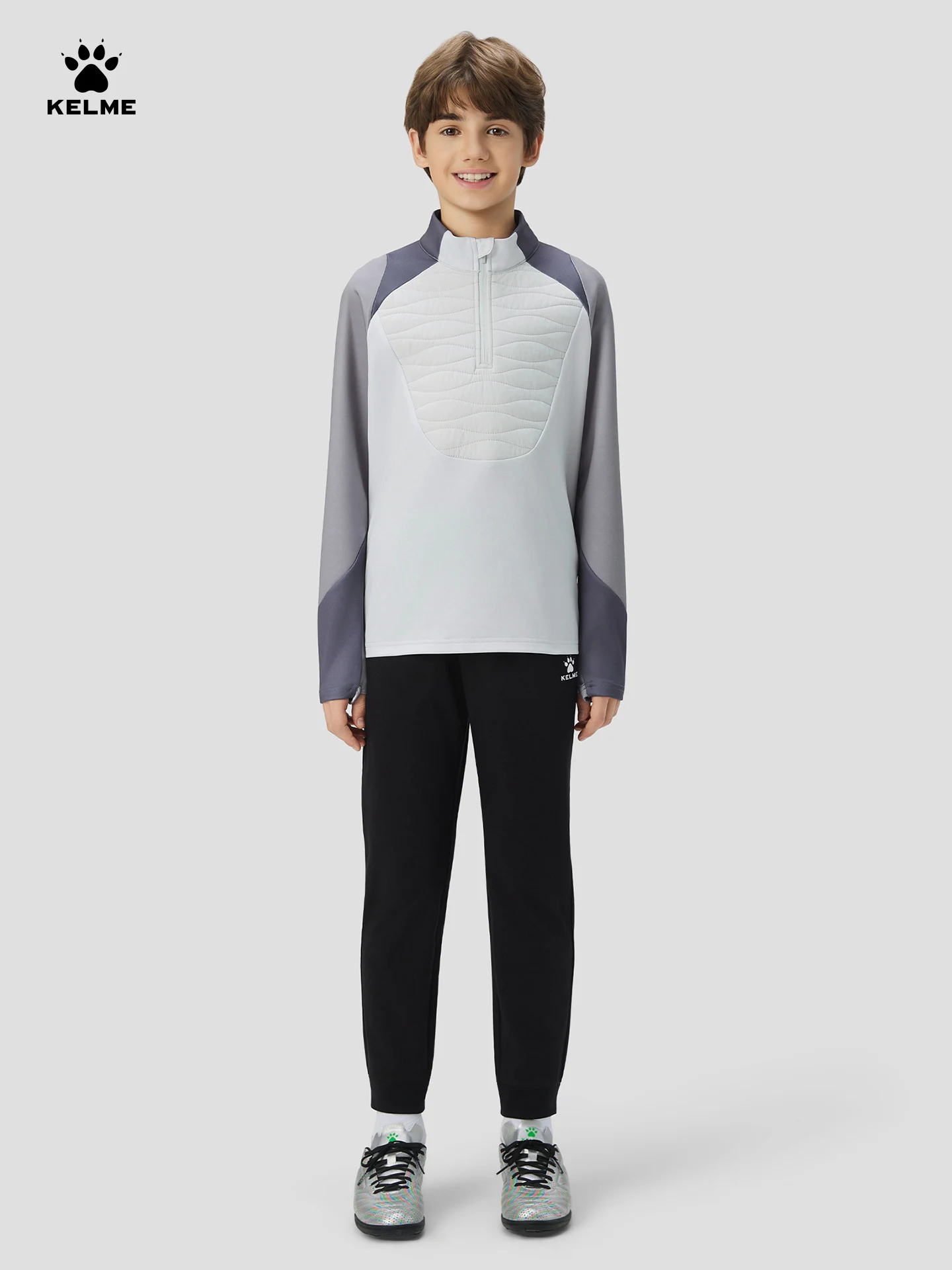 Kelme Children's Football Training Clothing Winter Half Zipper Hoodie Outdoor Velvet Running Windproof Sports Long Sleeve