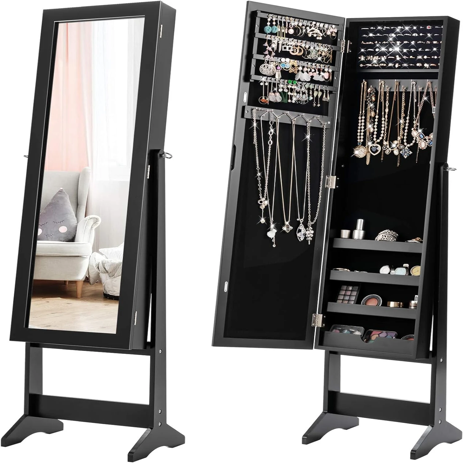 

Jewelry Cabinet with Full-Length Mirror, Standing Jewelry Armoire Organizer with 64 Earring Slots, 20 Necklace Hooks, 72 Ring Sl