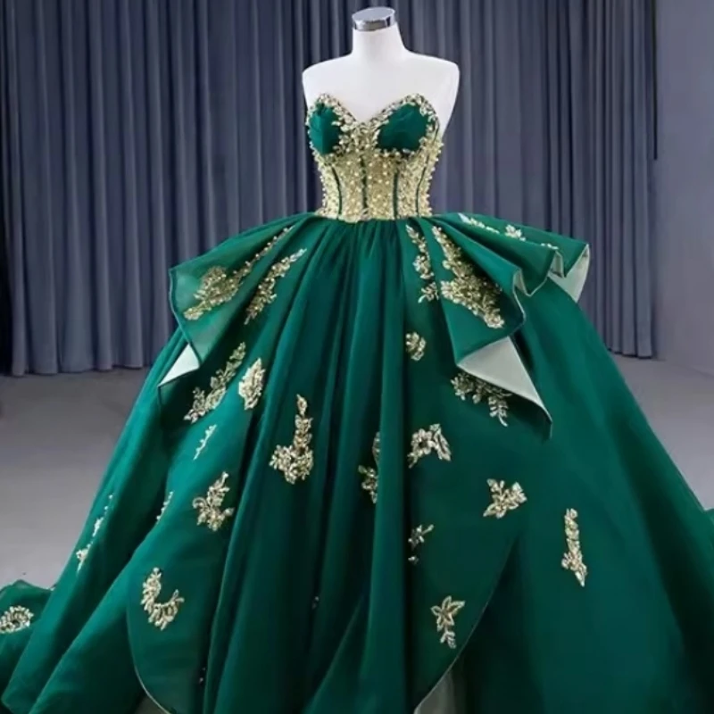 

Saudi Arabic Original Style Emerald Quinceanera Dresses Sweet 16 15 Year Lace Applique Big Ball Prom Pageant Gown Party Wear