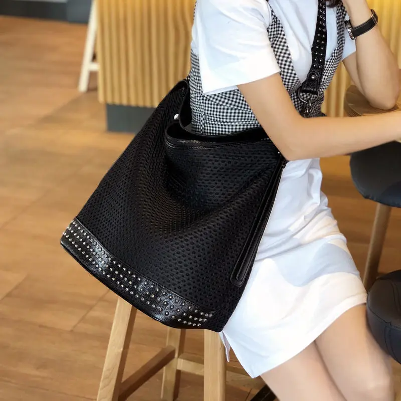 New Hollow Fabric Breathable Large Bag For Women With Genuine Leather Stitching, Soft Leather Rivets Large Capacity Shoulder Bag