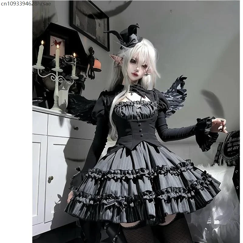 Streifen Top Kurzer Rock Halloween Thema Gefälschtes Zweiteiliges Outfit Gothic Lolita Dark Lolita Ballett Sle Damen Herbst Winter Set 2025