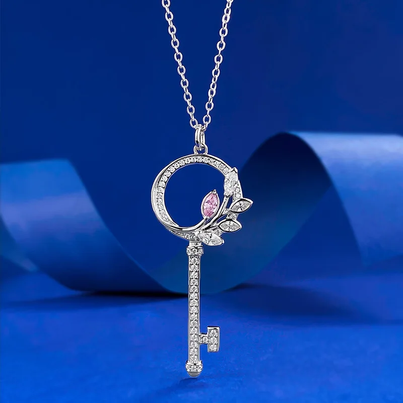 JECIRCON New High Carbon Diamond Necklace S925 Sterling Silver Key Pendant for Women Fashion Light Luxury Simple Sweet Jewelry