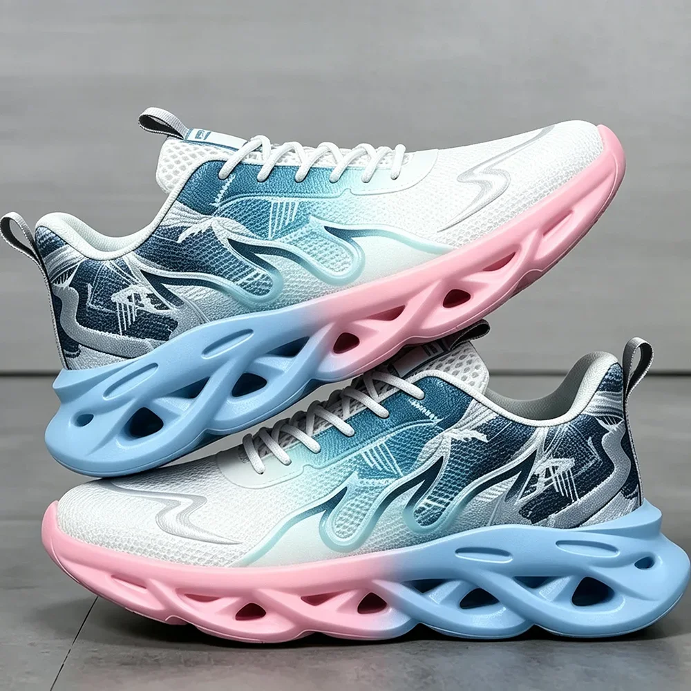 Women Running Shoes, Breathable Mesh Walking Sneakers with Wave Sole, Casual Pink & Blue Gradient Athletic Gym Shoes