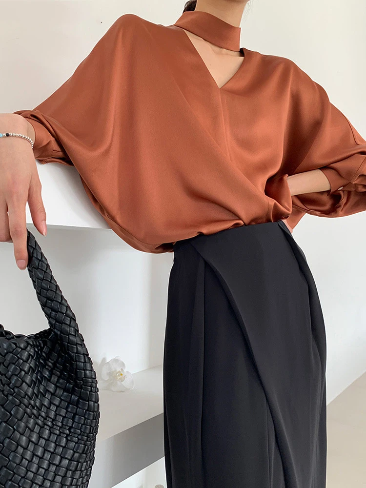 DEAT V Neck Elegant Shirt Women Loose Full Sleeve Office Lady Pullover Solid Color 2024 Spring Summer New Fashion Blouse 15G6968