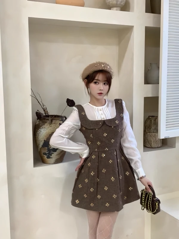 Rich Girl Sle Ele Long Sve Splice Dr Slimming ort A-Line Skirt Fake Two-Piece Design Waist-Cinching Faionable