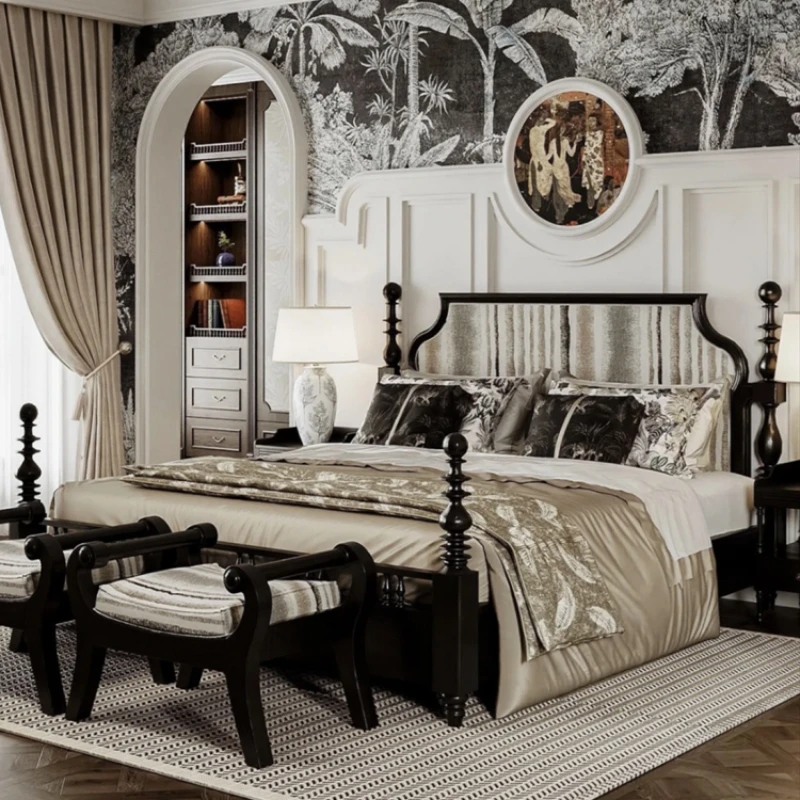 Retro Southeast Asian style solid wood 1.8m high-end double bed French simple Roman column bed