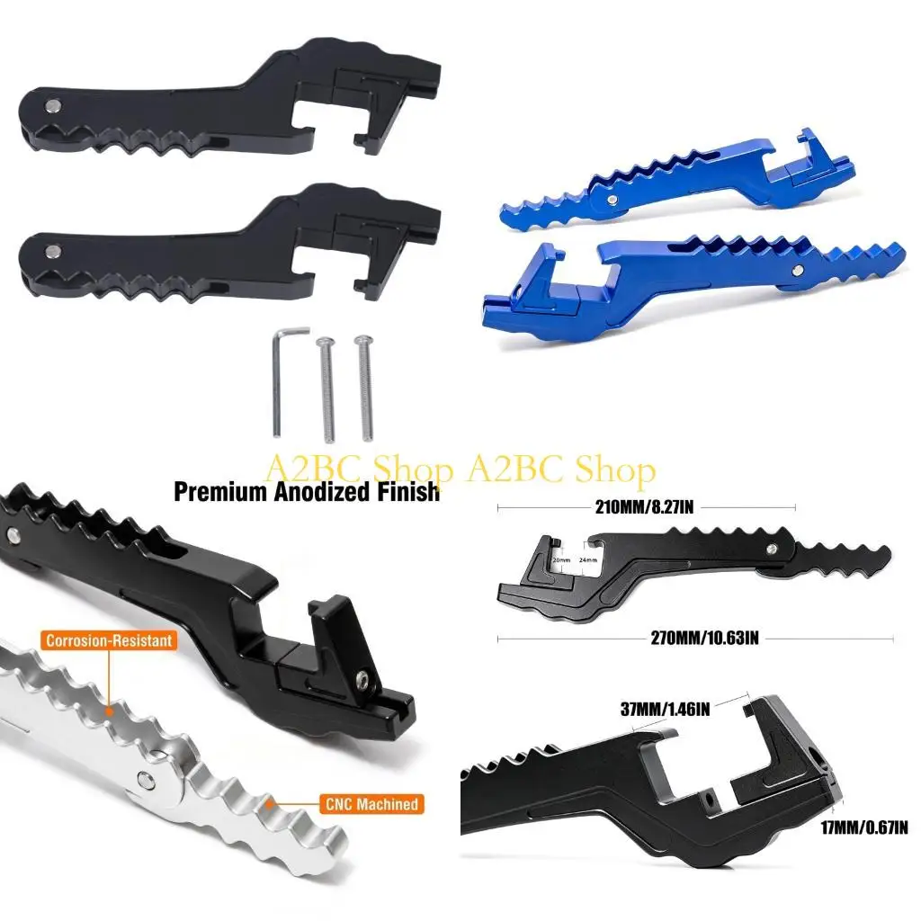 A2BC Fold-Away Motorcycle Foot Peg Extensions with Serrated Aluminum Ridges, Hinged Brackets for Passenger Travel Support