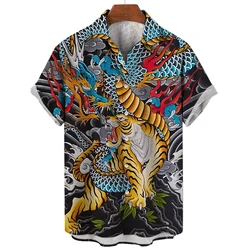 Camisa Social para todos los días para hombre, camisa de manga corta con estampado de animales en 3D, blusa informal de Tigre/Dragón, ropa masculina de gran tamaño