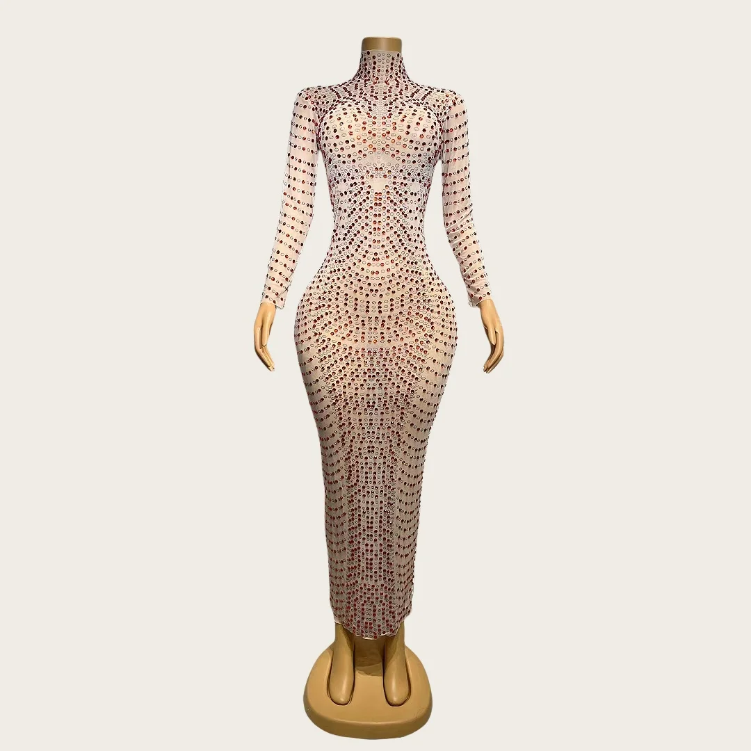 Jiazuan キラキラレッドラインストーンロングドレスセクシーな女性ウエディングクチュールフェスティバル祝うパーティーイブニングドレスタイトフィットドレス