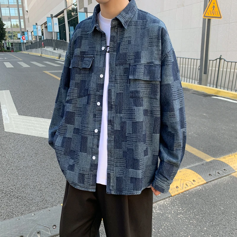 레트로 INS 데님 루즈핏 롱 슬리브 남성용 홍콩 스타일 여름 한국 버전 워크웨어 자켓 코튼 체크 패턴