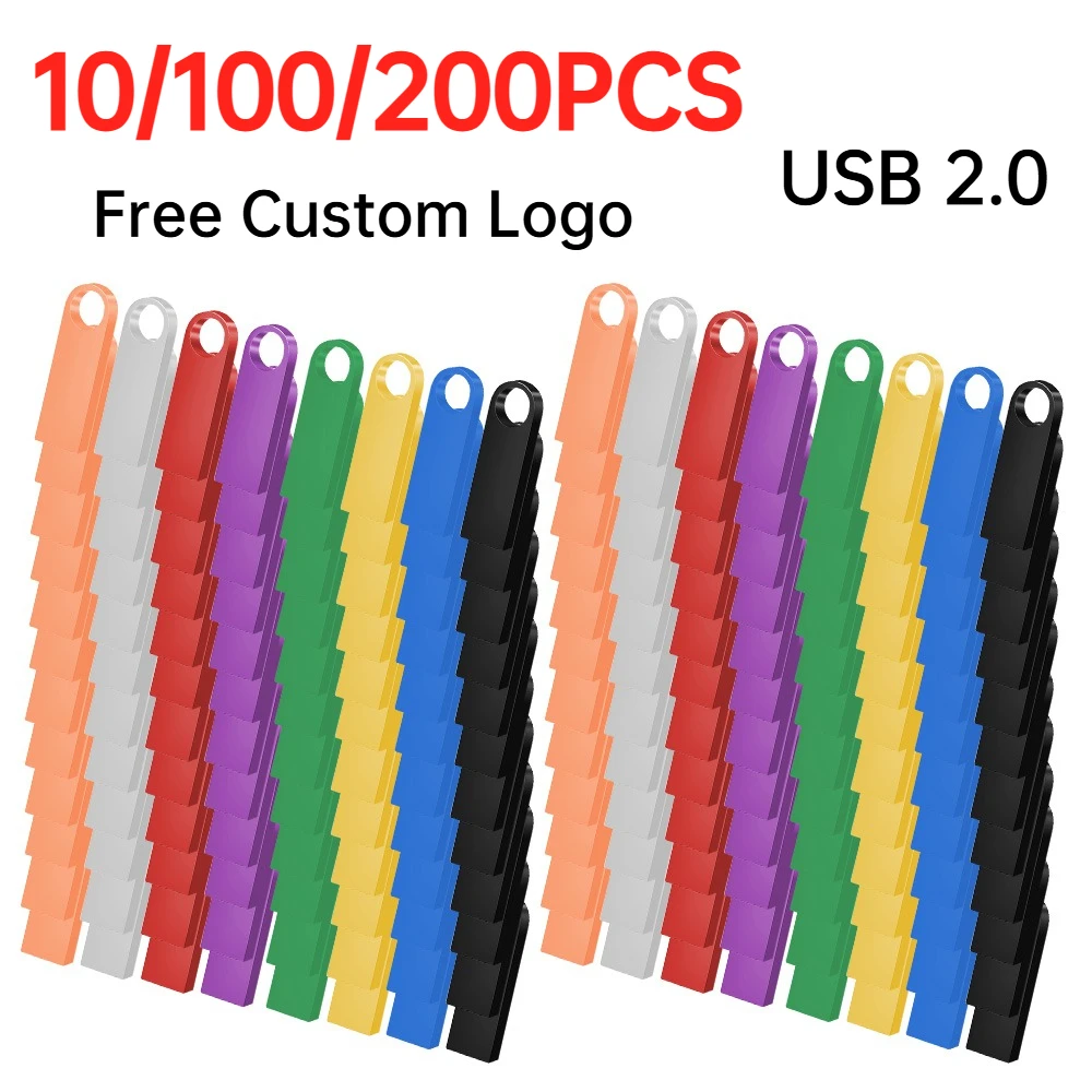 10/100/200PCS Flash Drive Metal 64GB Free Custom Black 32GB Pen Drive 16GB Memory Stick Free Key Chain U Disk 8GB 4GB Gift 128MB