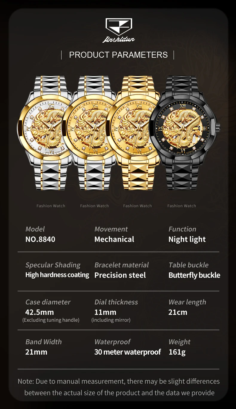 JSDUN Original Watch for Men Fully Automatic Mechanical Gold Dragon Watch High Quality Tungsten steel Luminous Diamond Watch Man