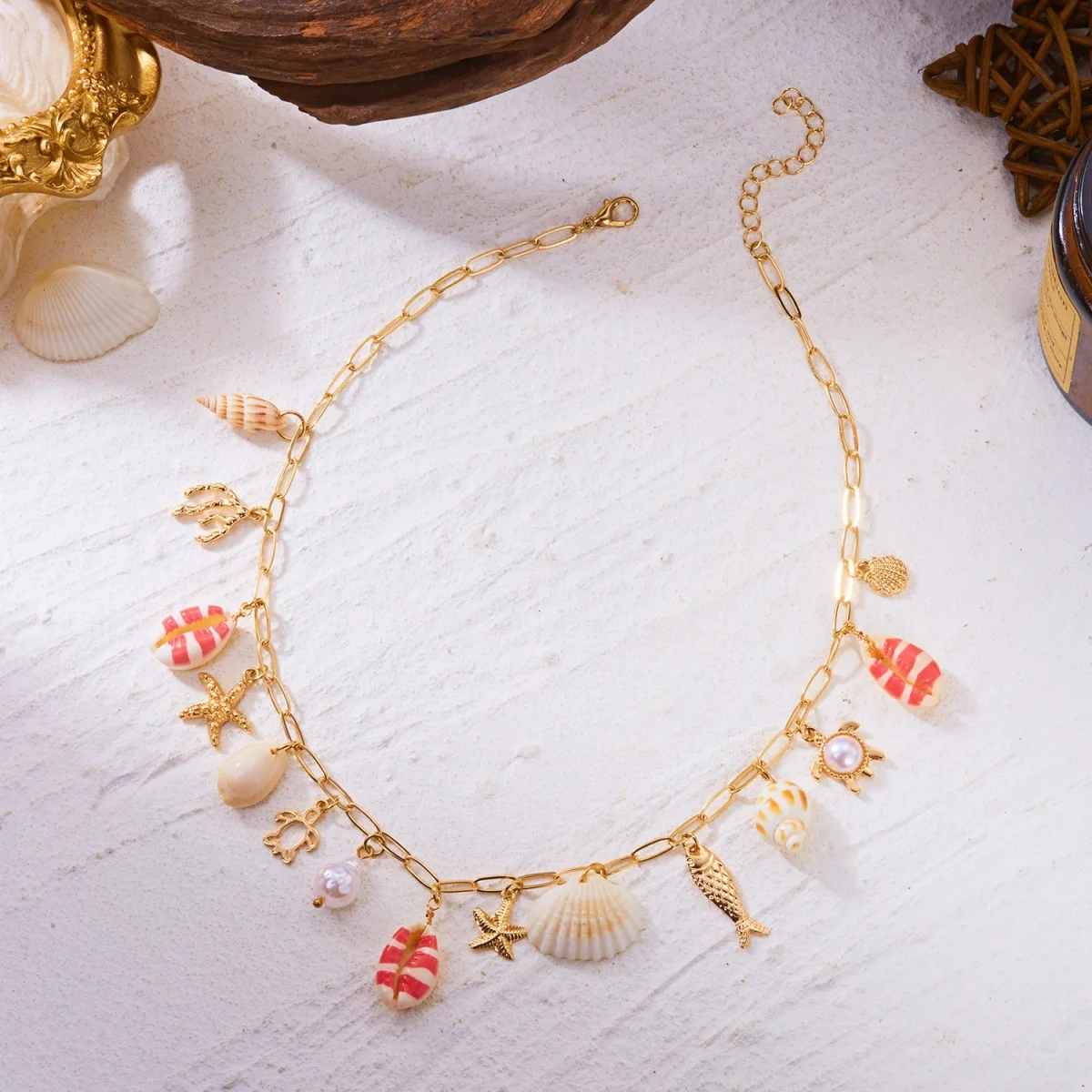 Sommerurlaub Muschel Seestern Conch Fisch Schildkröte Korallen Anhänger Halskette für Damen Herren Imitationsperlen Choker Ozean Strand Schmuck – Detail 19