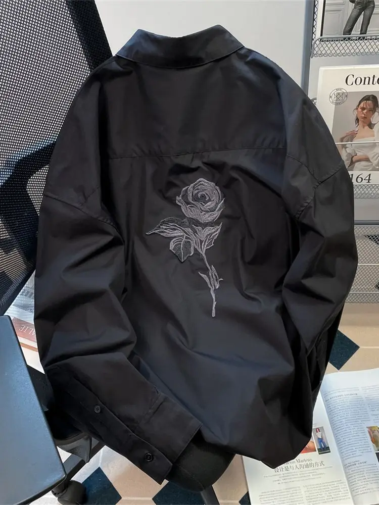 American Retro Hong Kong Style Rose Embroidered Shirt Jacket for Women Spring and Autumn Loose Niche Casual Long-sleeved Top