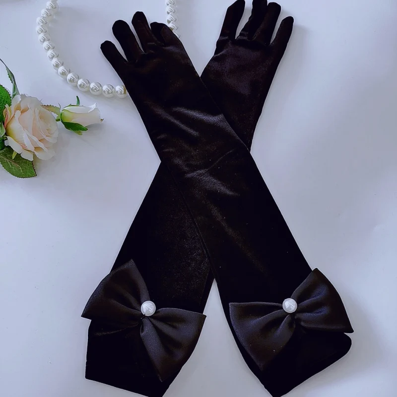 ريترو ستايل الذهب المخملية القوس الشريط اللؤلؤ طويل أسود فستان سهرة اكسسوارات قفازات نسائية أنيقة الشتاء الدفء