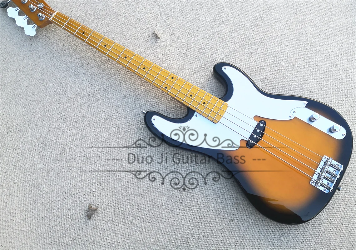 

4 Strings Bass Guitar Sunburst Bass Basswood Body Yellow Maple Neck White Pickguard Fixed Bridge Chrome tuners