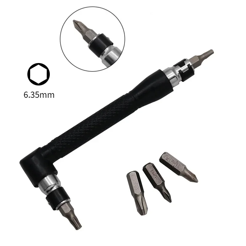 L-shaped 1/4 Hexagonal Screwdriver Bit 90 Degree Double Head Handle Black 6.35mm with Screwdriver Bit Mini Socket Wrench