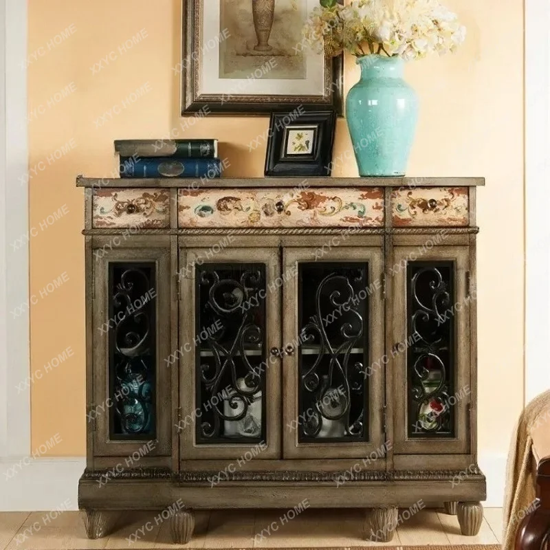 solid wood entrance storage wine cabinet retro small apartment storage hollow cabinet