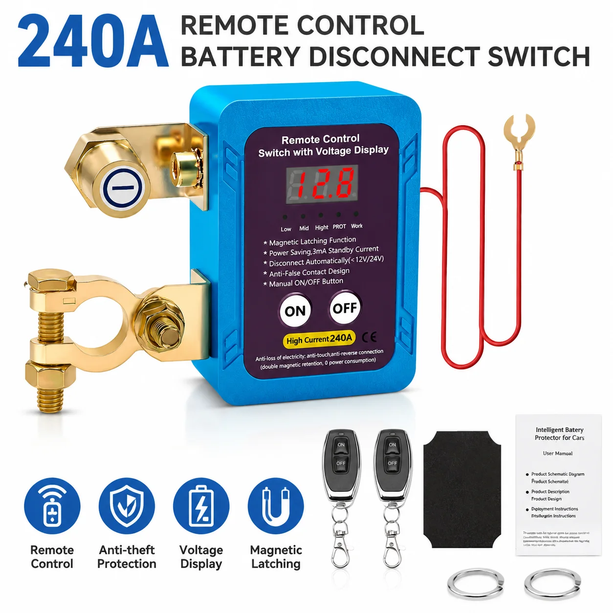 12V/24V Car Battery Master Switch with Remote Battery Disconnect Switch With Led Voltage Display For Car Truck Boat RVs