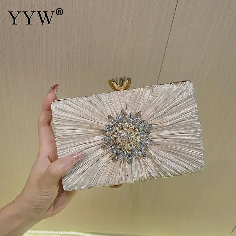 Elegant Pleated Silk Women Crystal Clutch Handbag Bling Rhinestone Floral Wedding Bridal Envelope Purse Crossbody Shoulder Bag