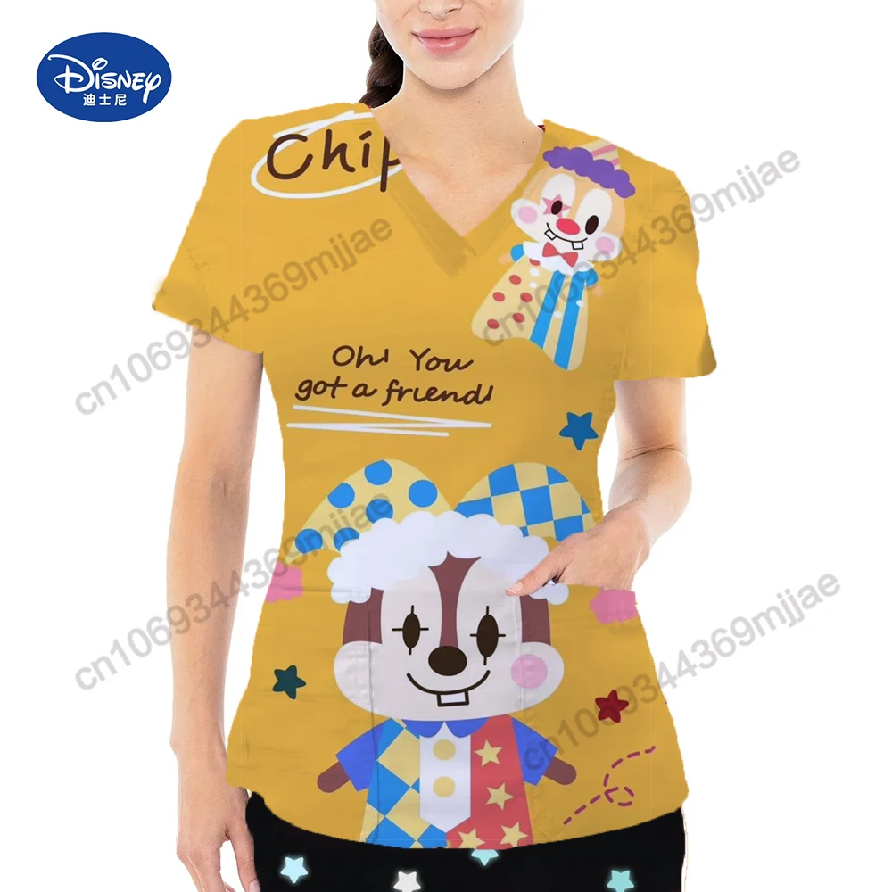 Disney Women\'s T-shirt for Women Clothing 2024 New Cartoon pattern Nurse Uniform Doubet Pocket Tops Y2k Design style T-shirt