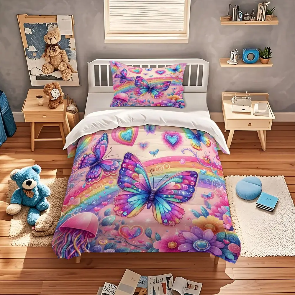 Butterfly Duvet Cover Set Rainbow Floral Bedding Set Digital Print Quilt Cover Soft Microfiber Home Decor for Teen