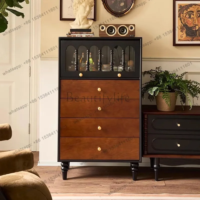 Medieval solid wood bedroom storage cabinet household color matching bedside cabinet