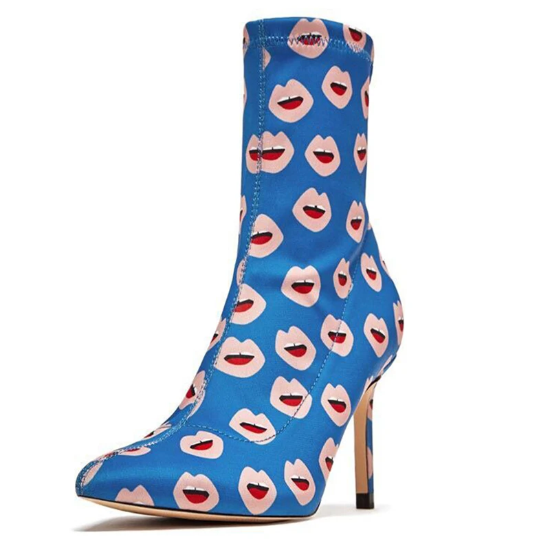 Sexy Mouth Printing Stretch Royal Blue Sock Boots Pointed Toe High Heel Thigh Botas Woman Banquet Street Over The Knee Boots