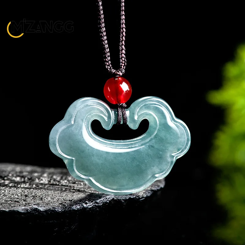 

Natural Jadeite Blue Water Auspicious Wishes Pendant Exquisite Carving Luxury Ice Jade Necklace Men and Women Lucky Charm