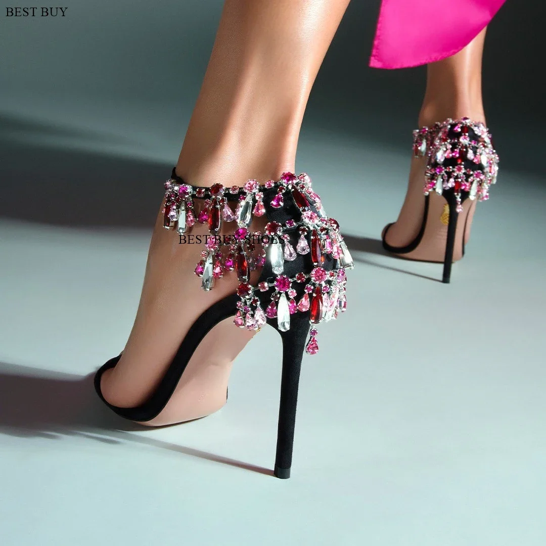 

Sparkle Crystal fringe Lace Up Sandals Stiletto Thin High Heel silvers black Open Toe Strap Fashion 2024 New Arrivals Shoes