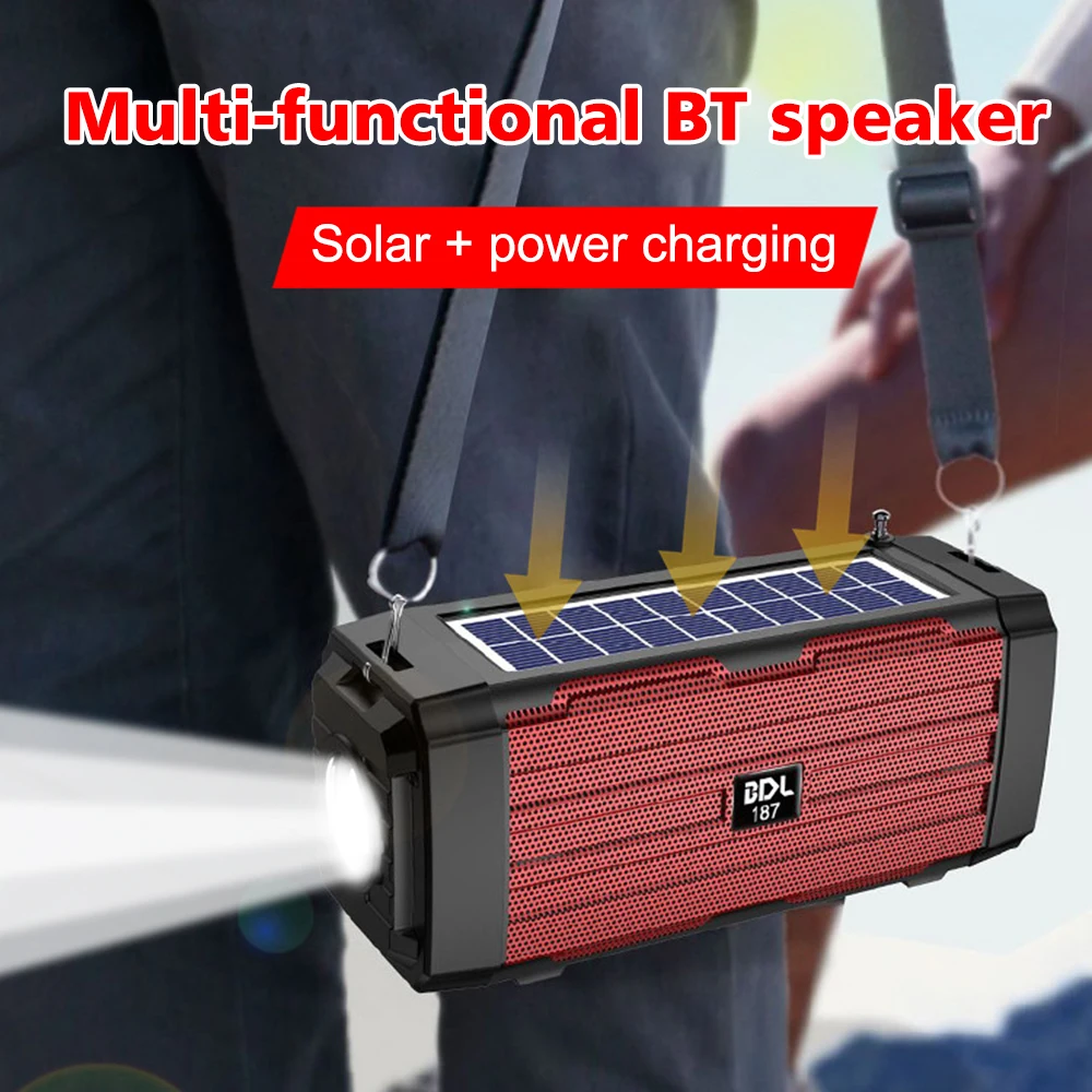 Solar Charging Wireless Stereo Speakers With Flashlight Outdoor Tws Subwoofer Bluetooth Compatible Speakers AUX/TF/FM Radio