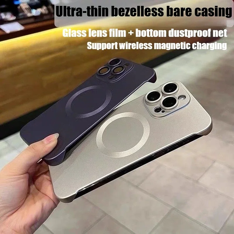 Metallic Paint Frameless Magnetic Lens Protector Cover Phone Case for 16 15 14 13 12 Pro Max Simple Design Anti-drop