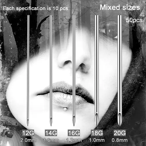 Imagen 2 del producto 100/5 Uds aguja para perforación corporal 12G 14G 16G 18G 20G acero quirúrgico estéril desechable oreja nariz ombligo pezón labio herramienta para perforación