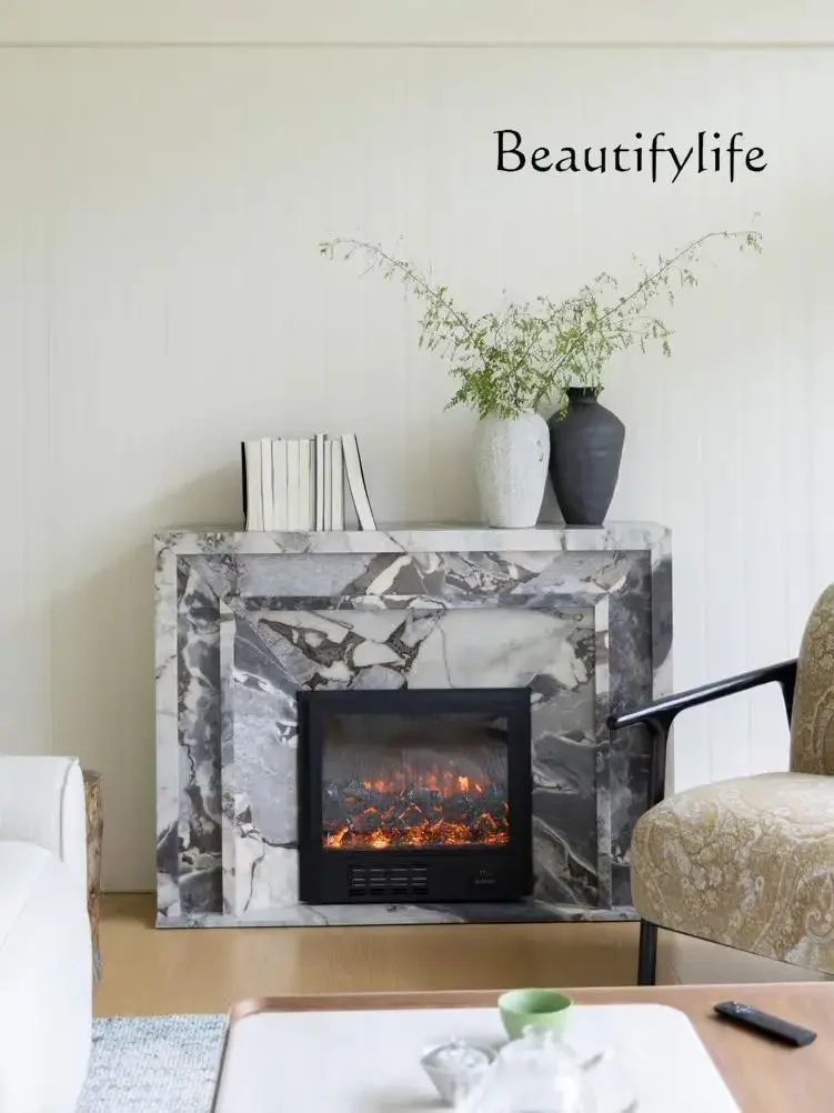 A Blue Grain/Turkish Marble Feeling Simulation Fire Intelligent Fireplace Solid Wood Storage