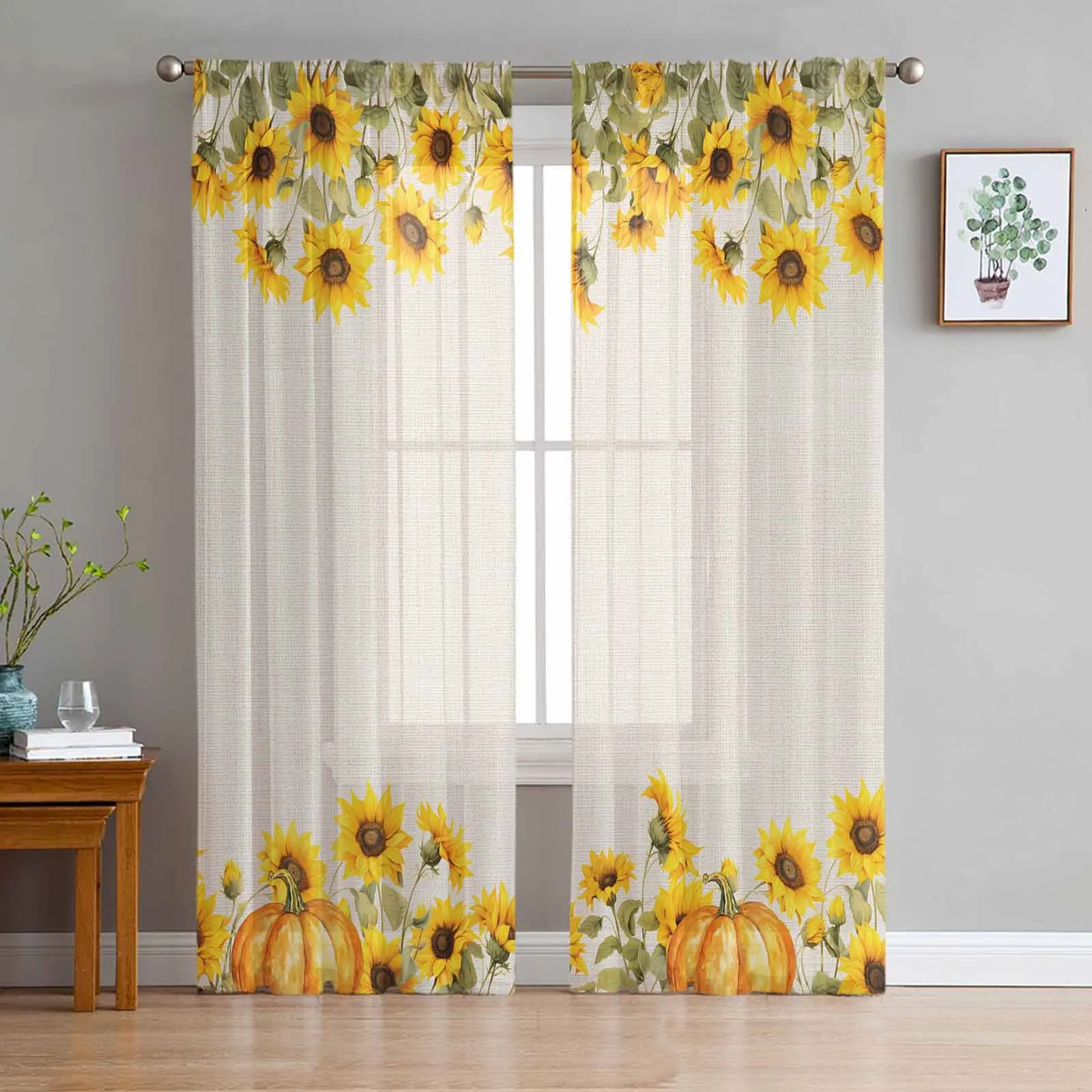 Autumn Sunflower Pumpkin Tulle Curtains for Living Room Decoration Modern Chiffon Sheer Voile Christmas Curtains