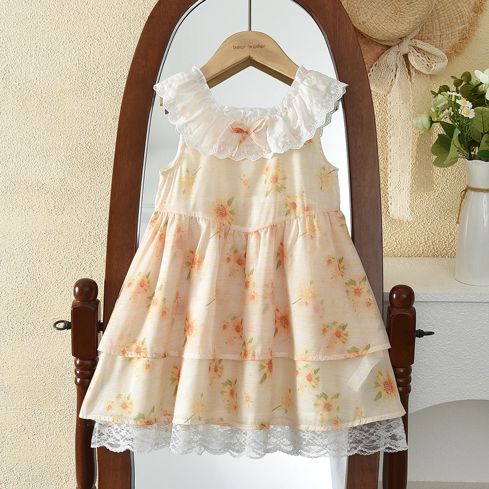 3-7 Years Old Summer Orange Flower Print Girls' Casual Dresses Sweet and Cute Summer Sleeveless Lace Round Neck Children's Dress