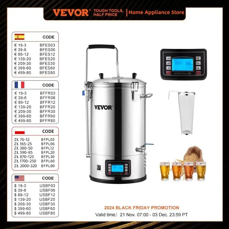 VEVOR Electric Brewing System, 9.2 Gal/35 L Brewing Pot, All-in-One Home Beer Brewer Kit w/Pump, w/Auto/Manual Mode Panel