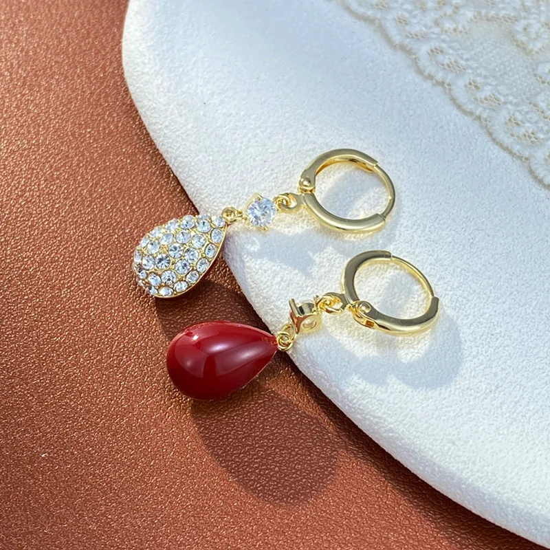Retro full diamond double-sided red water drop ear buckle women's personality fashion versatile super flash earrings