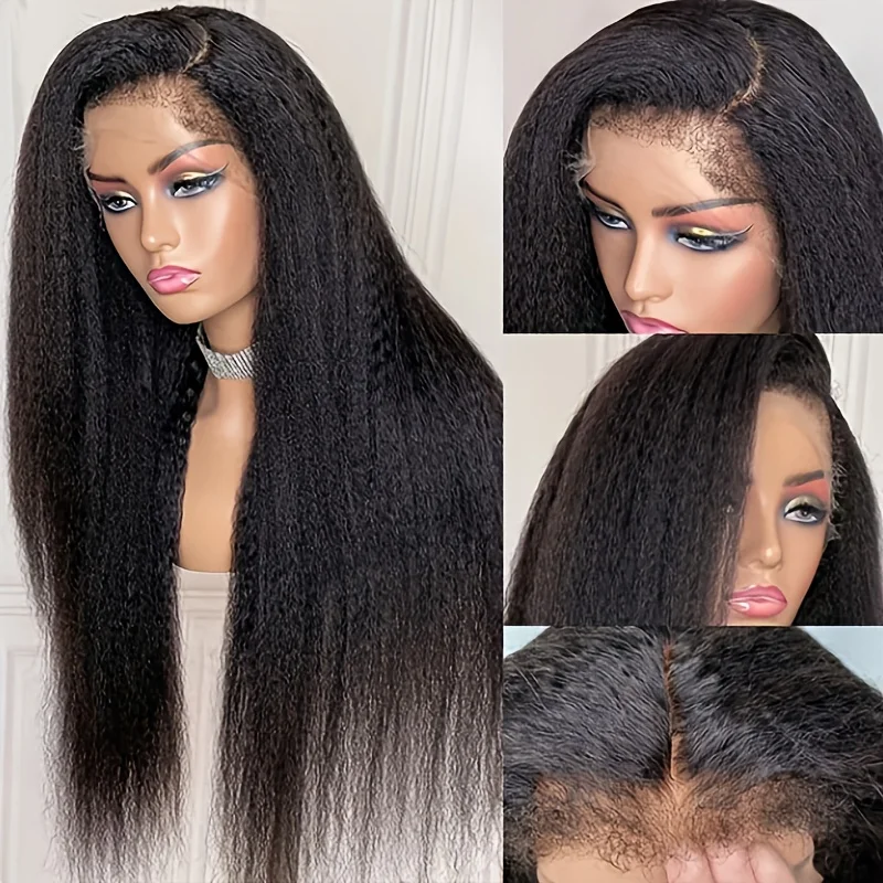 

180%Density Long Natural Black Kinky Straight Yaki Soft 26Inch Lace Front Wig Preplucked Glueless Wig For Women synthetic