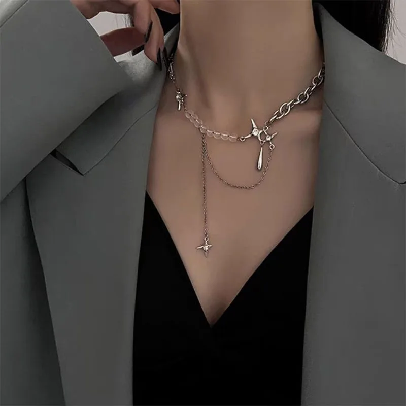 Y2k Irregular Star Chain Necklaces Women\'s Fashion Transparent Beads Zircon Choker Necklace Kpop Silver Color Summer Jewelry