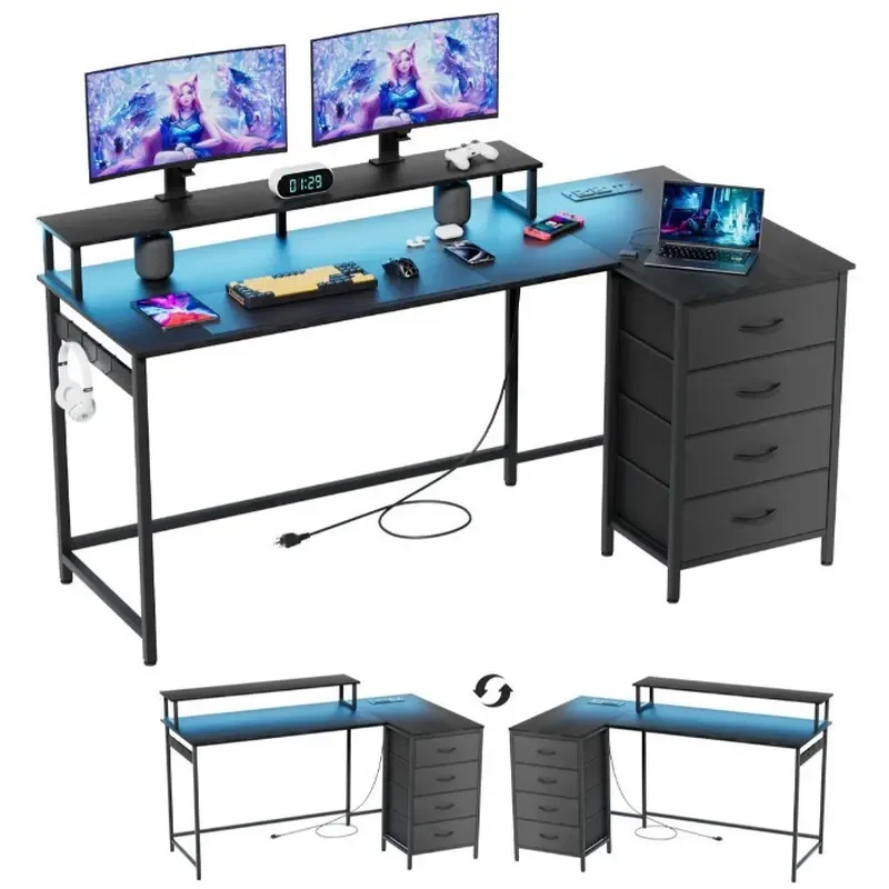Modern Computer Desk with Storage Drawers and Locker Home Office Workstation for Students Gaming Table