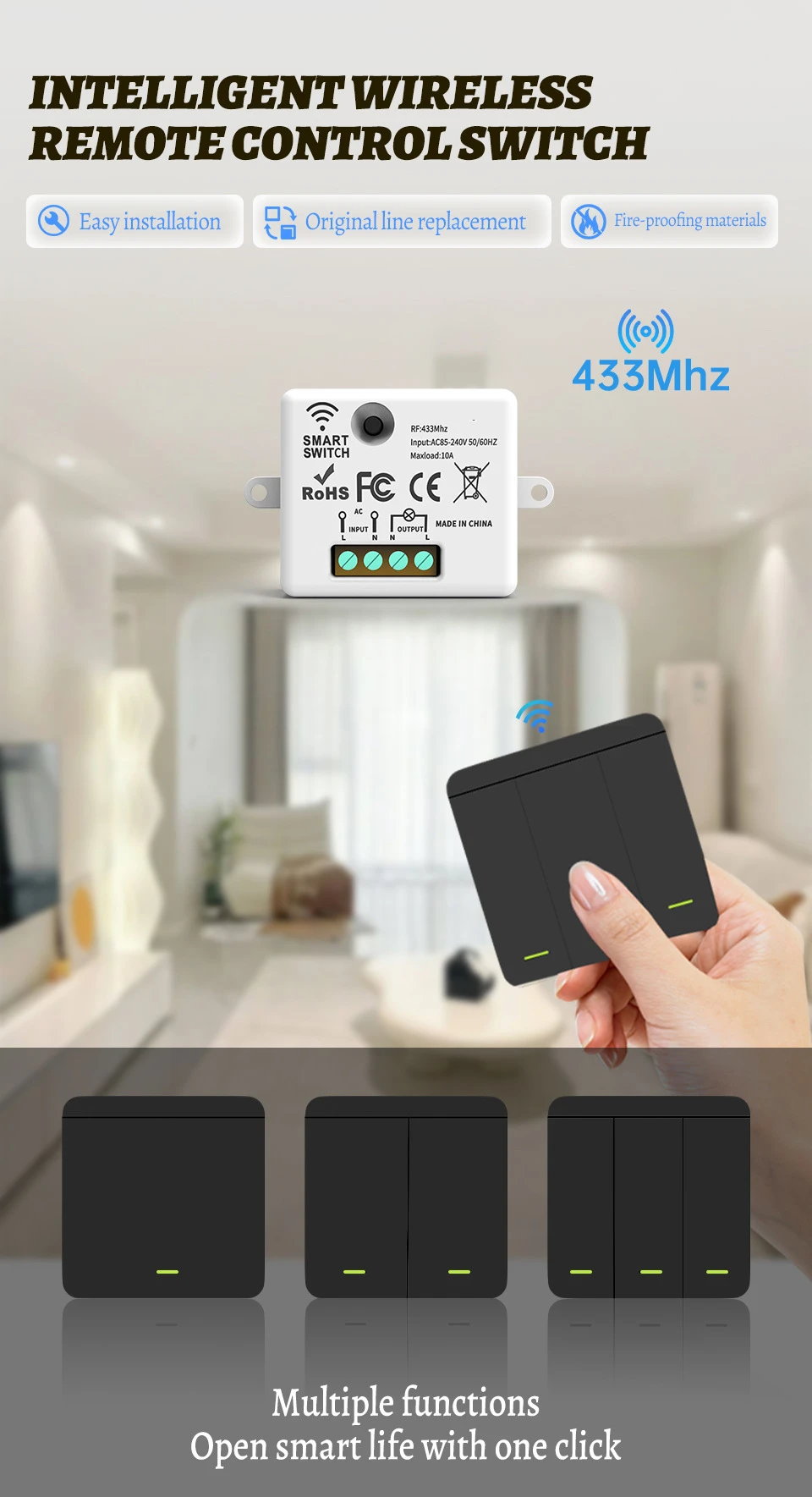 Wireless ON OFF Switch RF433 Module Remote Control Light Switch 1/2/3 Gang Wall Switch for Light Bulb Chandelier 10A 110V 220V