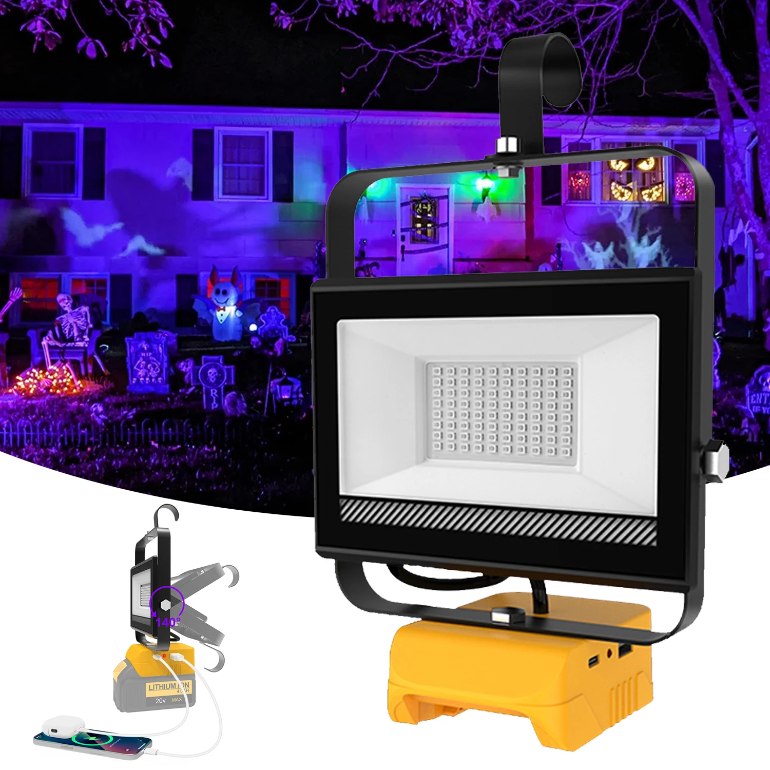 

Portable 60W LED UV Light Work Light Cordless Work Light LED Flood Light for DeWalt for Halloween Xmas Dance DJ