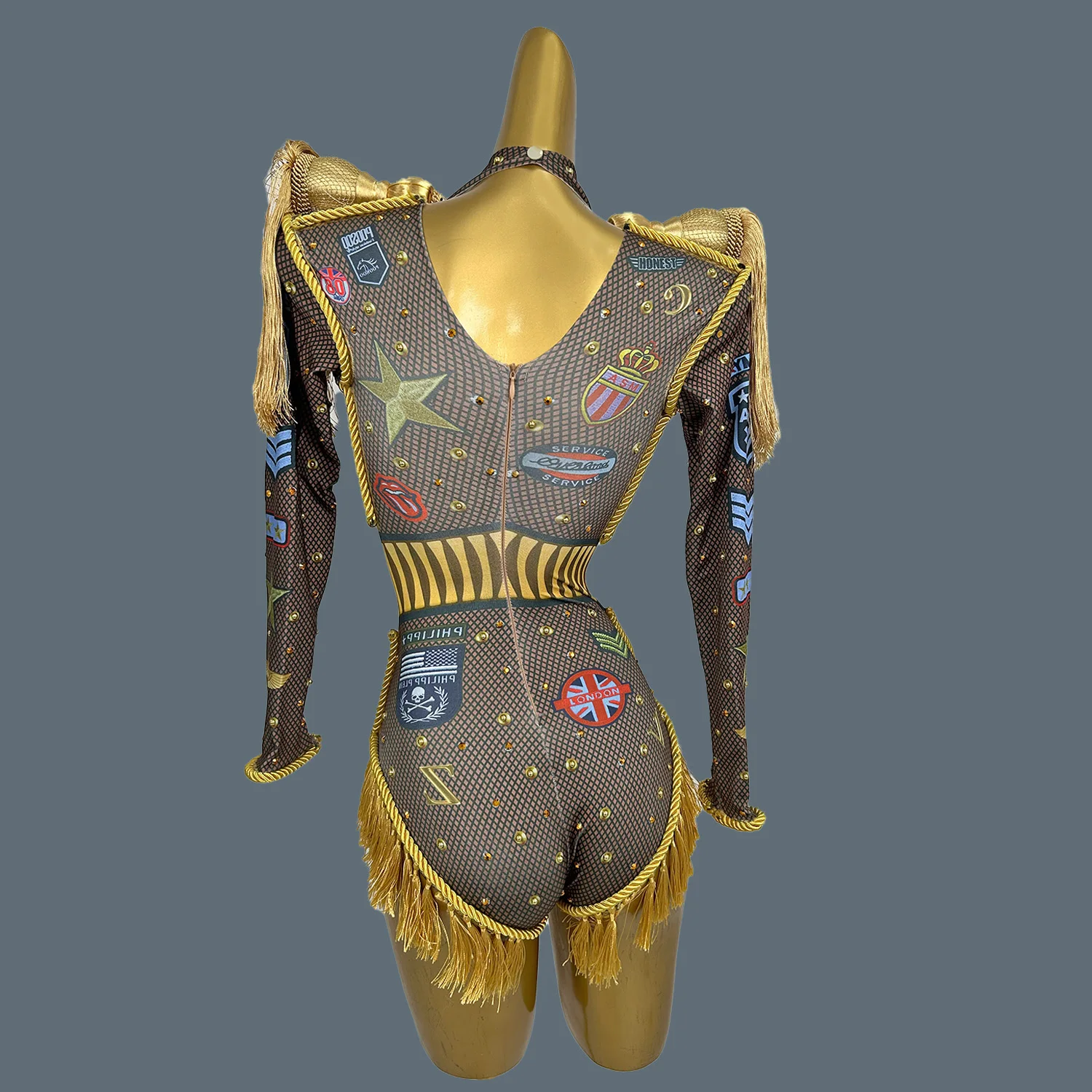 Women Nightclub Stage Performance Sexy Tassel Bodysuit Party Dance Wear Pattern Printing Spandex Elastic Bodycon Leotard Tuzhang