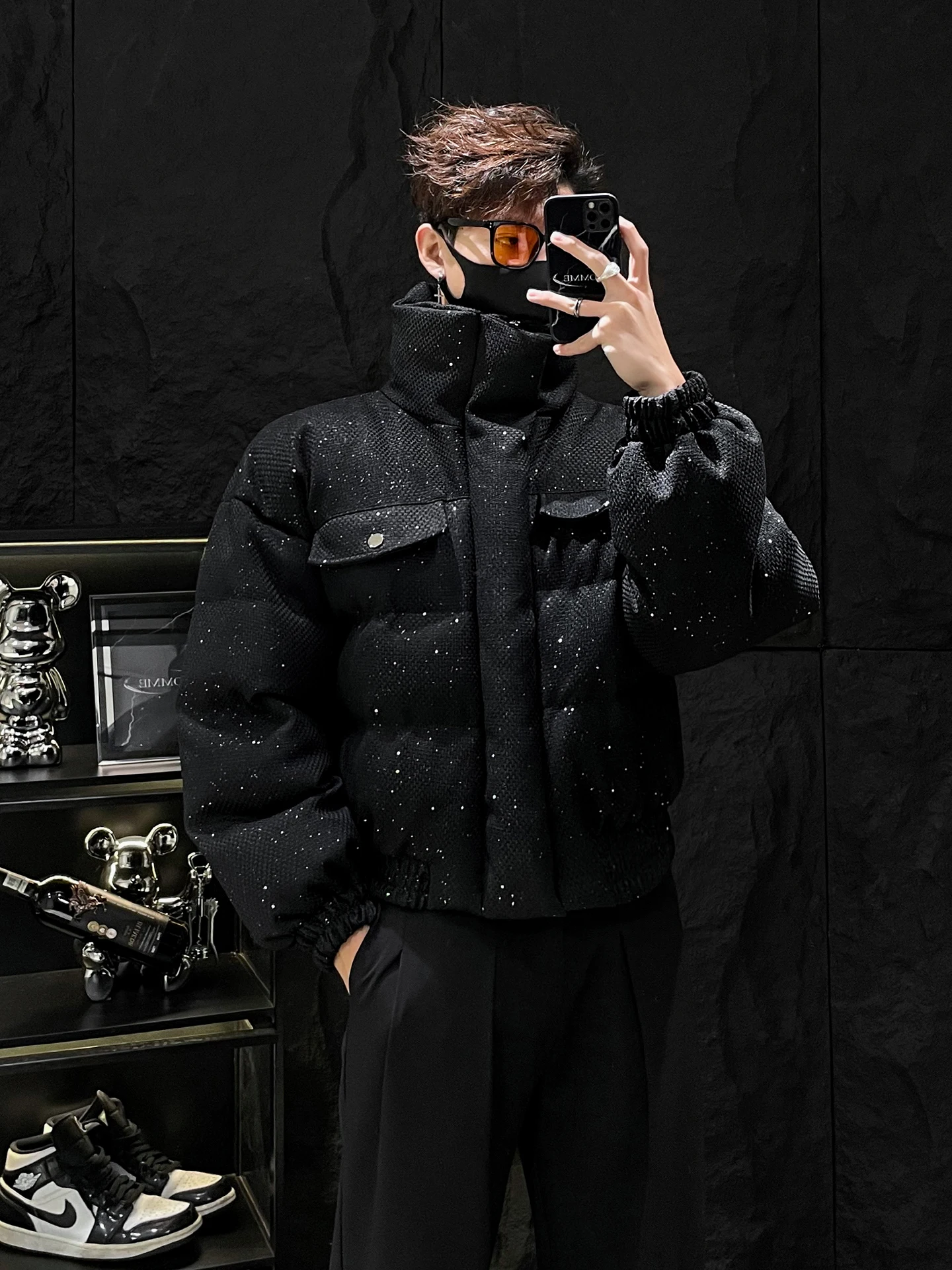 

HOMME Men's Thiened Cotton Jaet Stand Collar Gold Emed Winter Warm ort Bread Coat Trendy Chinese Brand Youth Casual