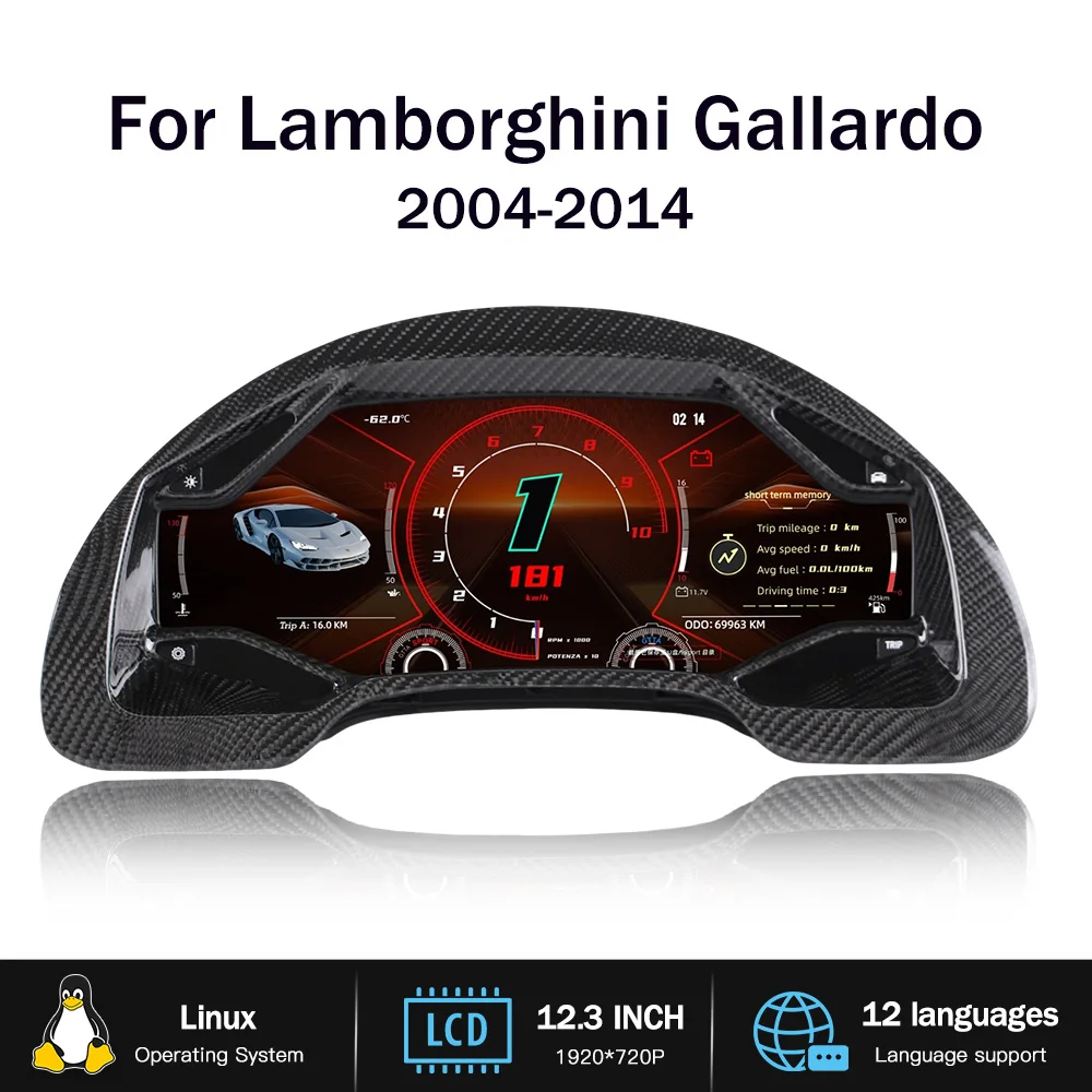 Car Digital Cluster for Lamborghini Gallardo 2004-2014 LCD Instrument Panel Dashboard Odometer Auto Speedometer Virtual Cockpit